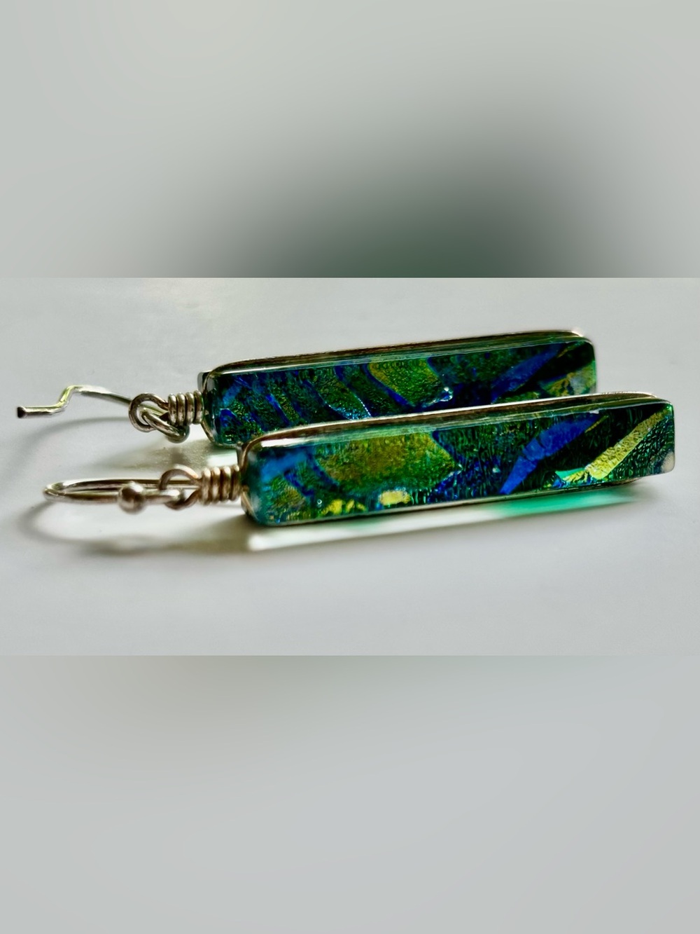 Artisan Dichroic Fused Glass Bar Earrings – Sterling Silver 925 - Picture 4 of 8